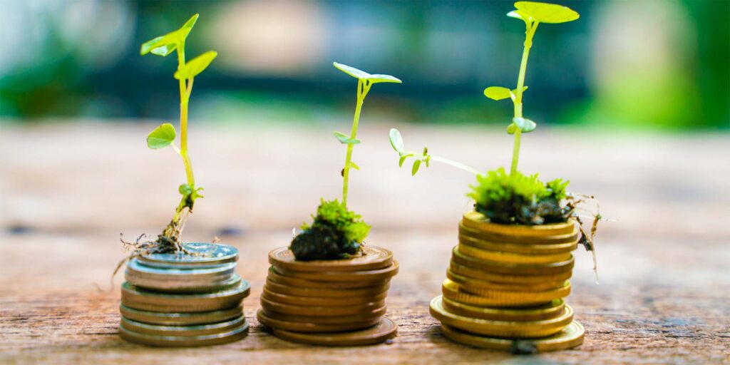 green sprouts growing out from coins